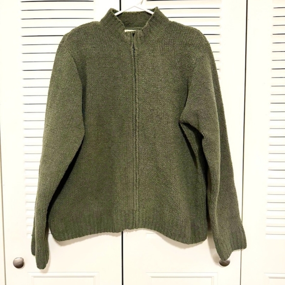 LL Bean Women’s Fuzzy Cardigan Sweater Size Medium Green Full Zip Mock Neck #128 - Picture 1 of 6